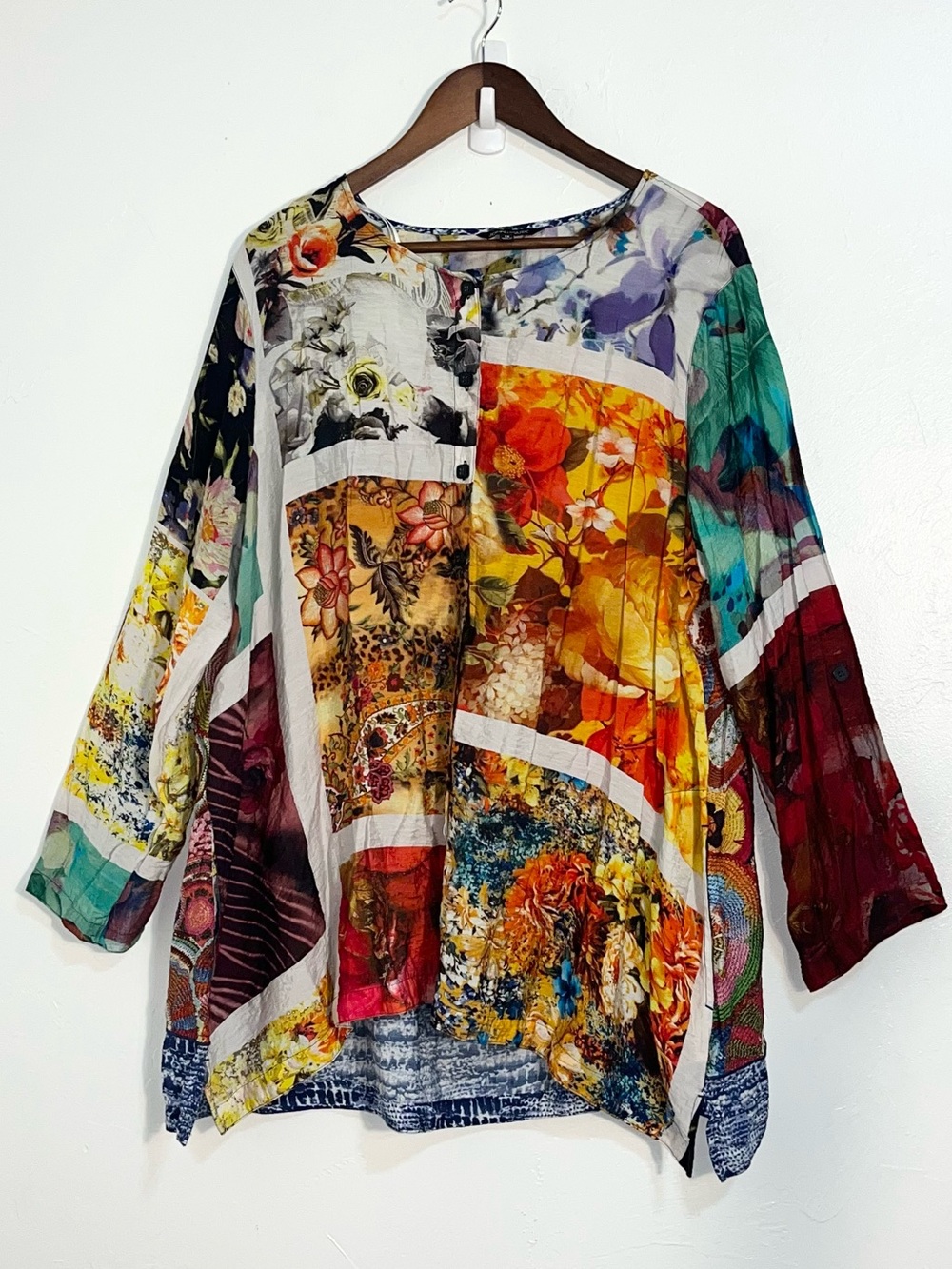 John Mark Mixed Print Patchwork Tunic Blouse Floral Boho Artsy Size 1X